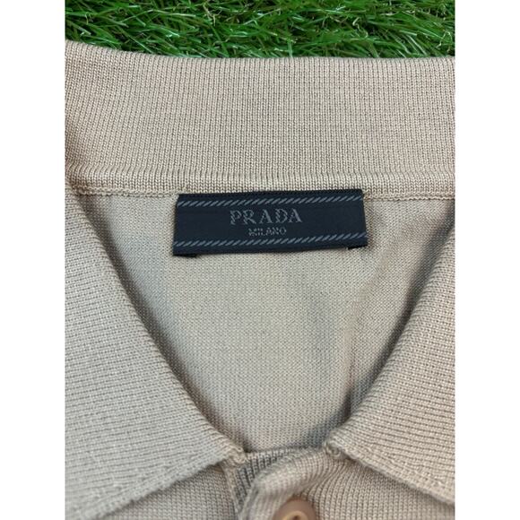 Prada Milano Embroidered Logo Knit Polo Shirt Beige Men's XXL 21x27 Short-Sleeve - Picture 3 of 9